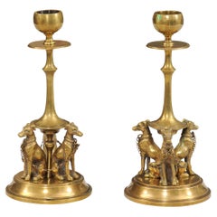 Antique Pair of French 19th Century Bronze Candlesticks Decorated with Greyhound Dogs