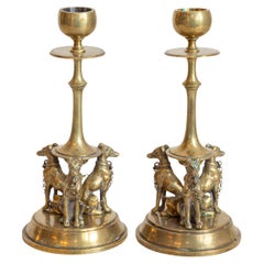 Pair of French 19th Century Bronze Candlesticks Decorated with Greyhound Dogs