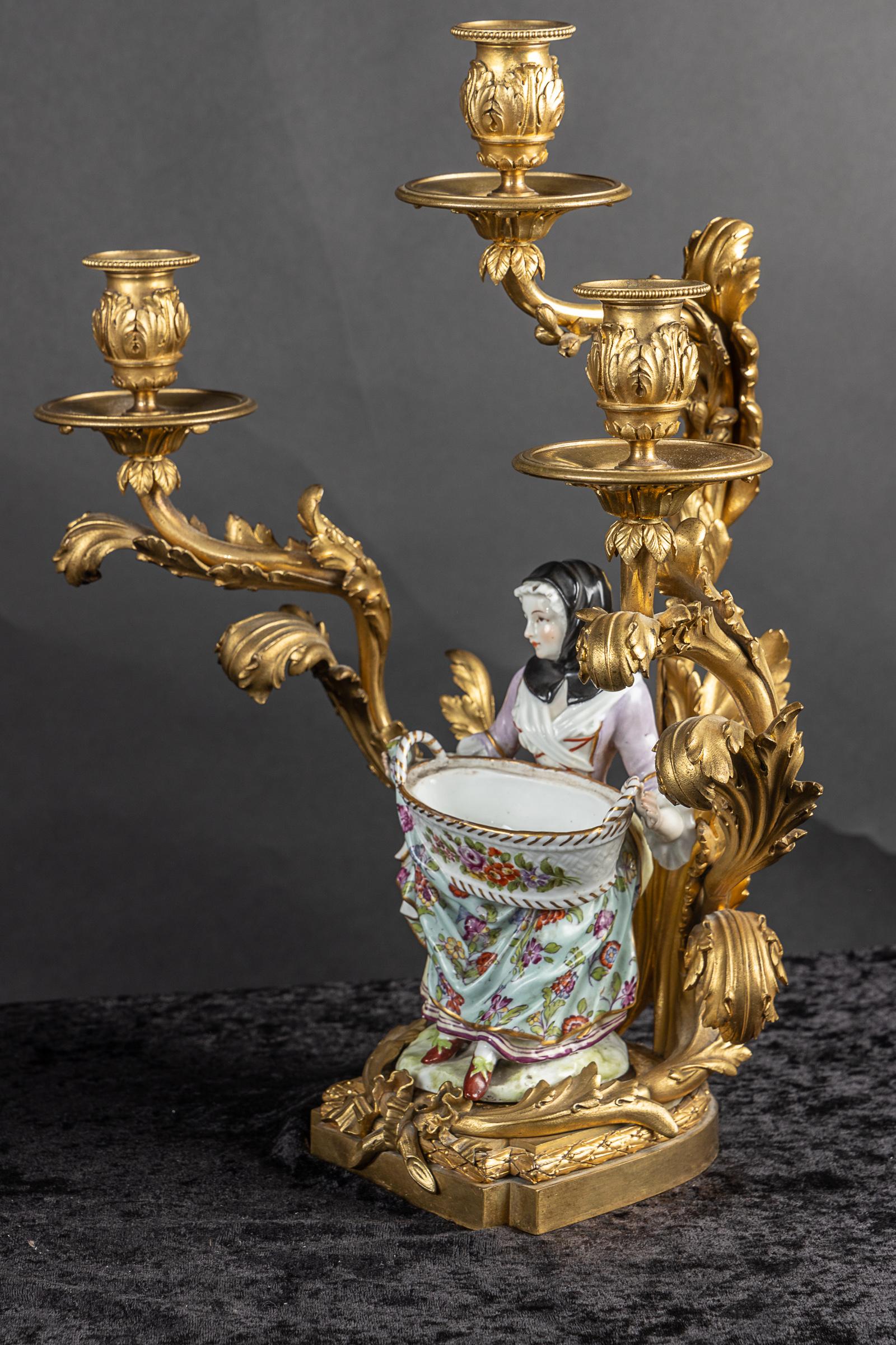Pair of French 19th Century Bronze d’ore` Candelabra with Meissen Porcelain For Sale 6