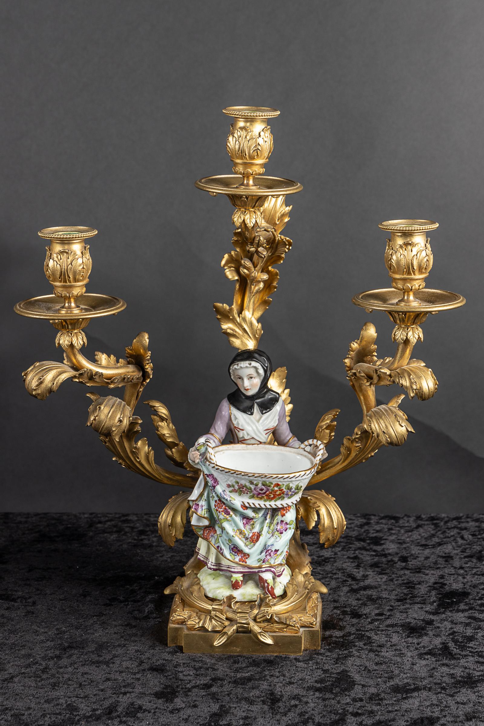 Pair of French 19th Century Bronze d’ore` Candelabra with Meissen Porcelain For Sale 7