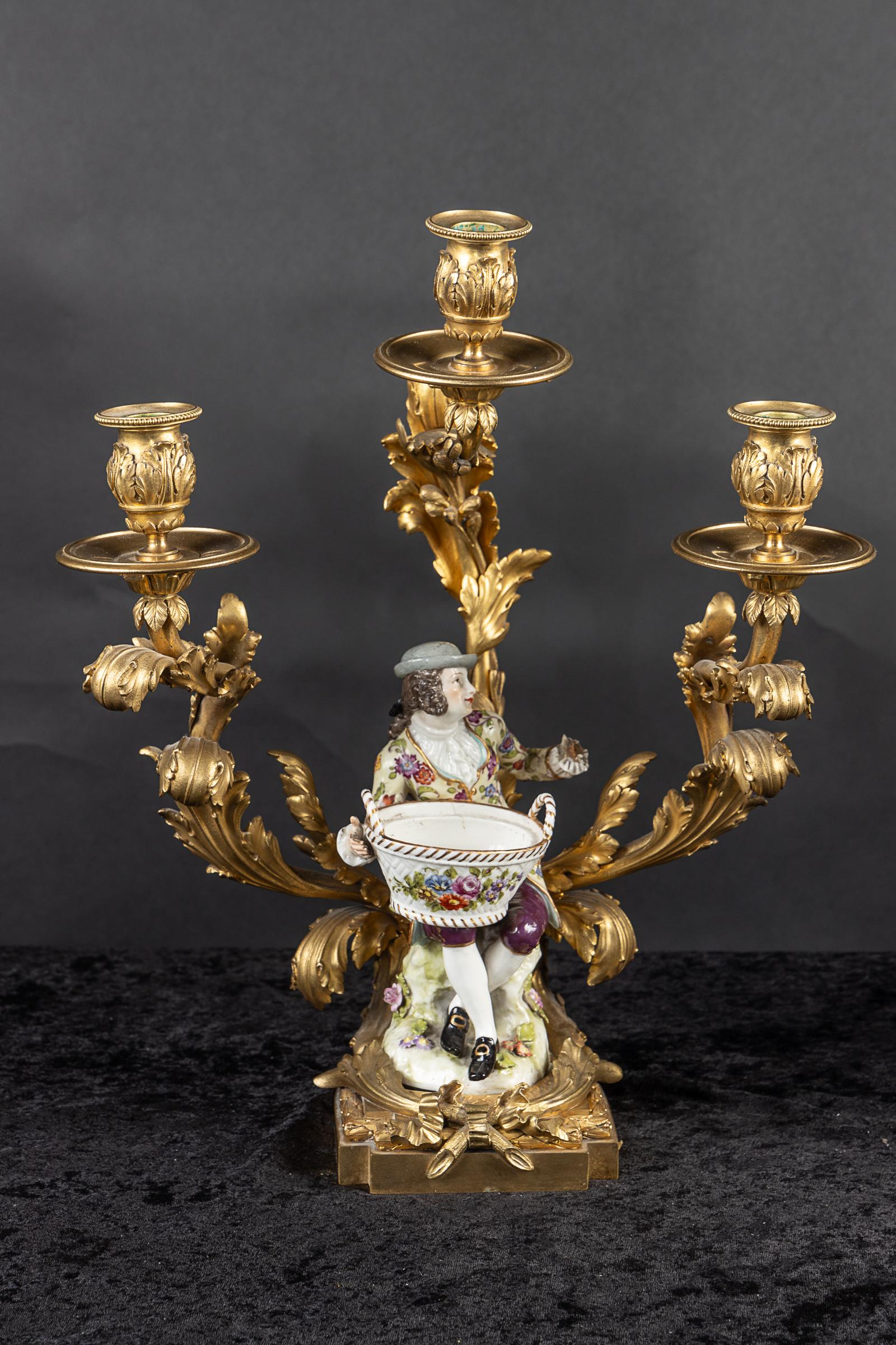 Pair of French 19th Century Bronze d’ore` Candelabra with Meissen Porcelain For Sale 8