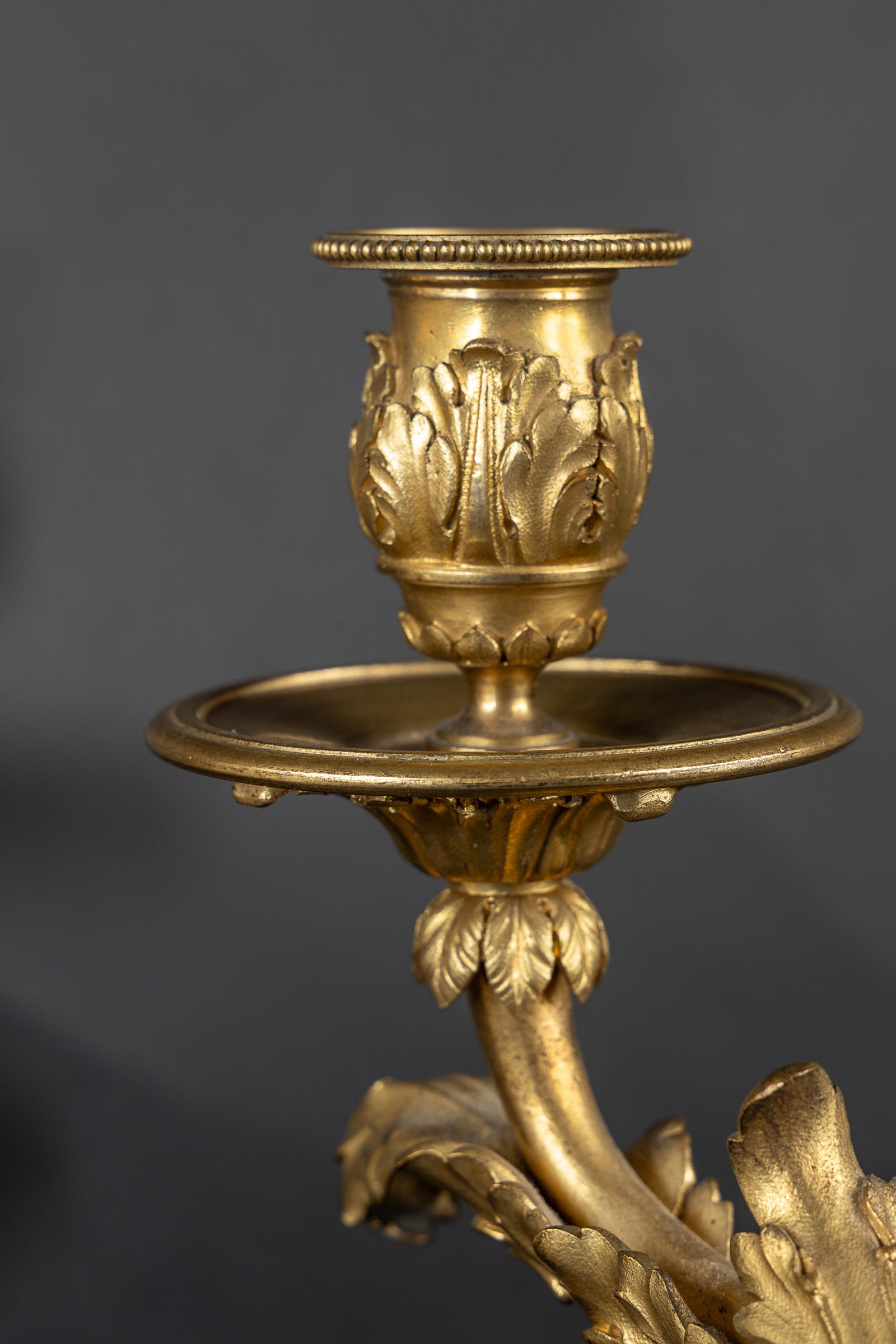 Gold Plate Pair of French 19th Century Bronze d’ore` Candelabra with Meissen Porcelain For Sale