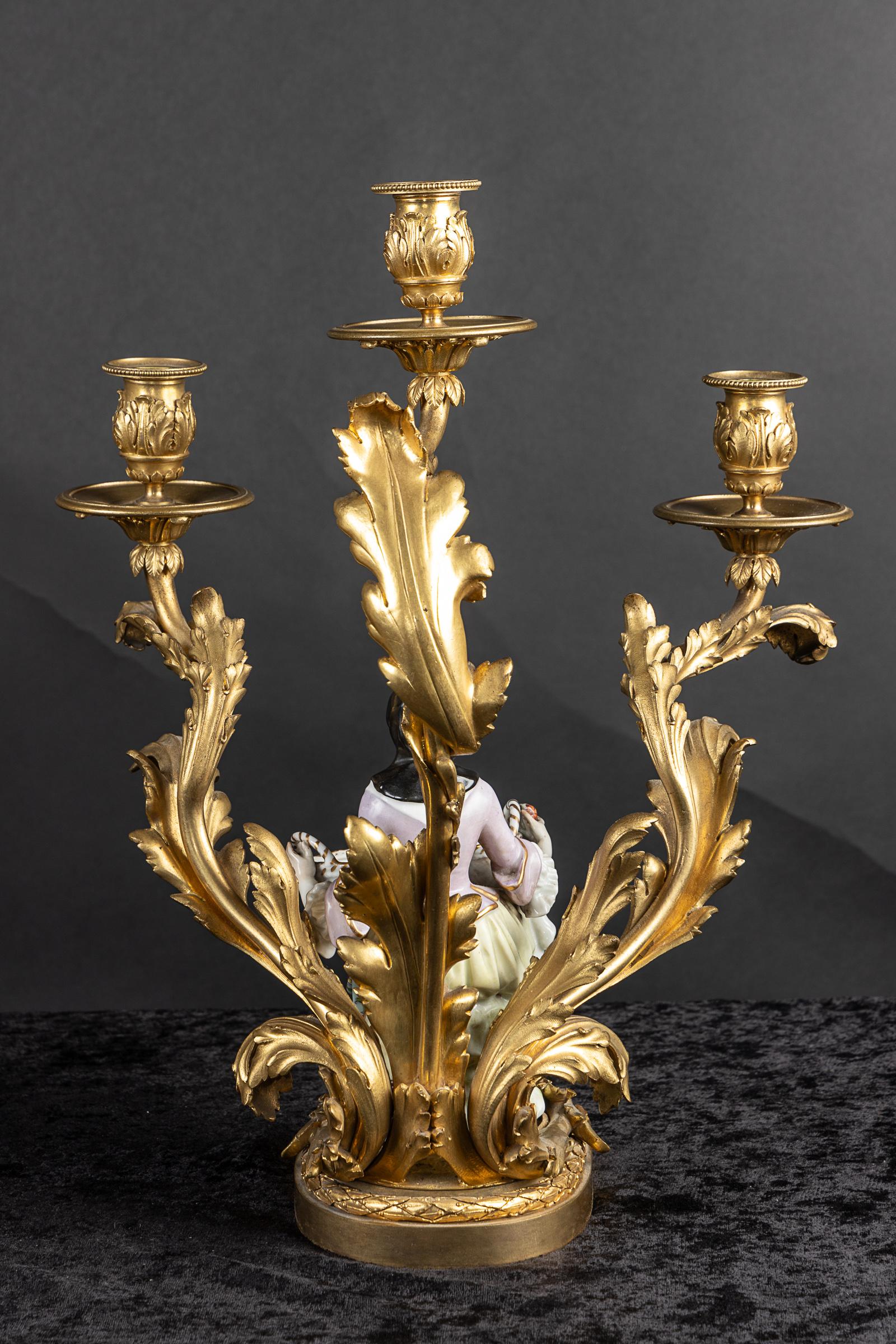 Pair of French 19th Century Bronze d’ore` Candelabra with Meissen Porcelain For Sale 1