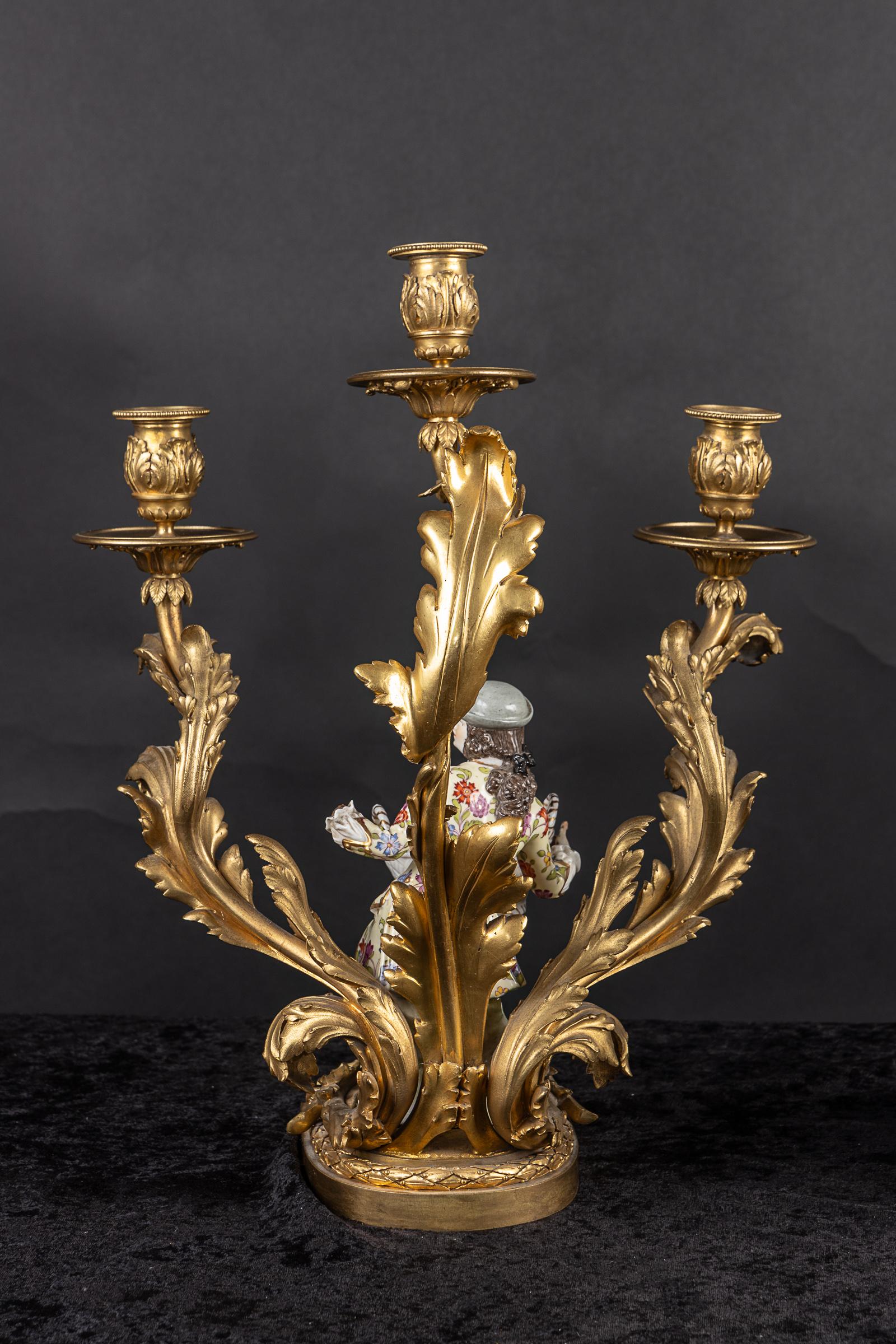 Pair of French 19th Century Bronze d’ore` Candelabra with Meissen Porcelain For Sale 2
