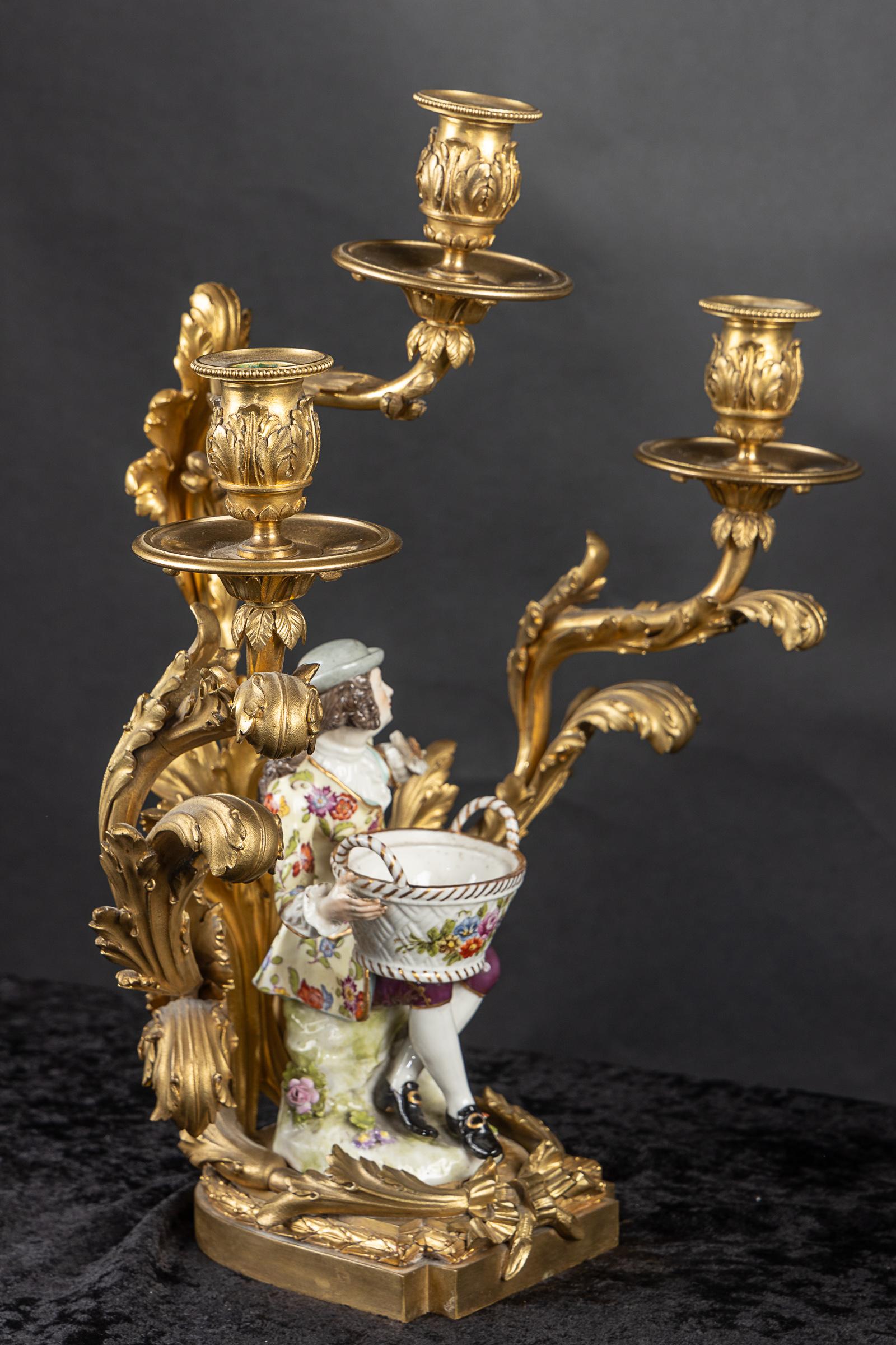 Pair of French 19th Century Bronze d’ore` Candelabra with Meissen Porcelain For Sale 5