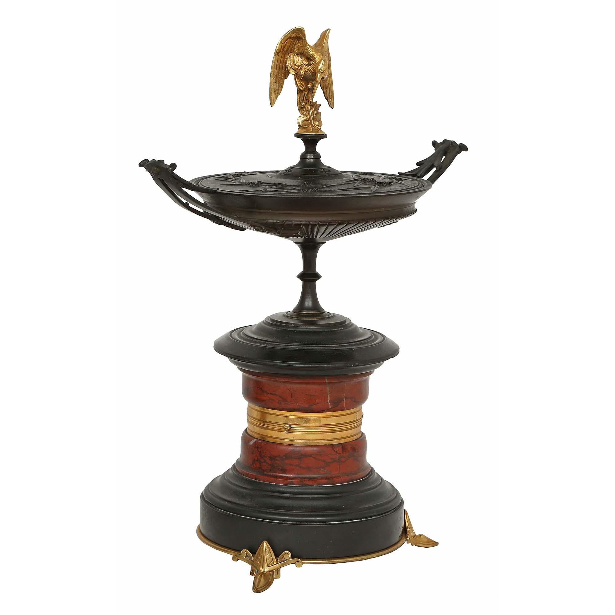 Patinated Pair of French 19th Century, Bronze, Marble and Ormolu Tazzas, with Lids For Sale