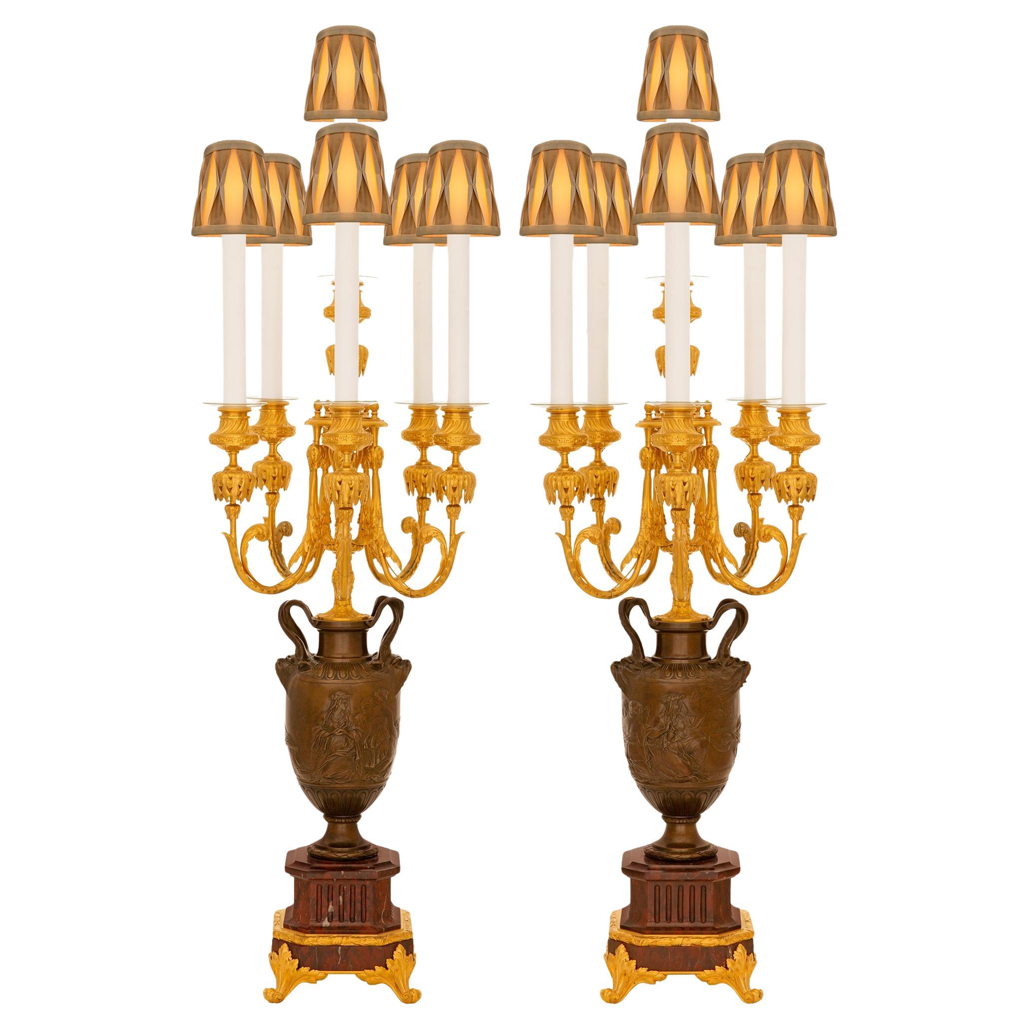 Pair of French 19th Century Bronze, Ormolu and Marble Lamps, signed Barbedienne