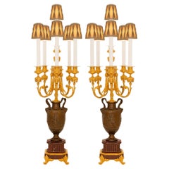 Pair of French 19th Century Bronze, Ormolu and Marble Lamps, signed Barbedienne