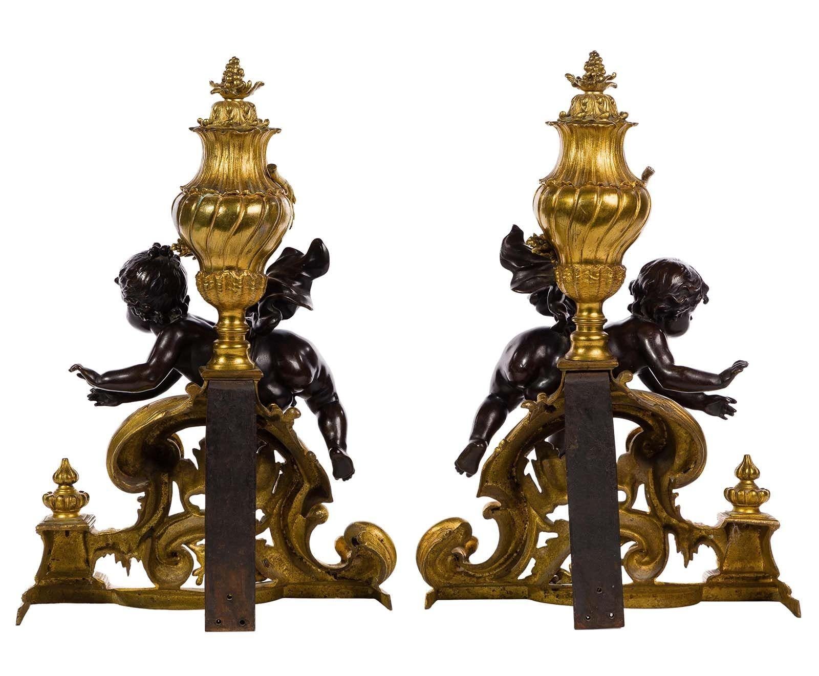Pair of bronze Louis XV style left and right chenets depicting two puttis and foliate details. Made in France, 19th Century.
Dimensions:
20.5