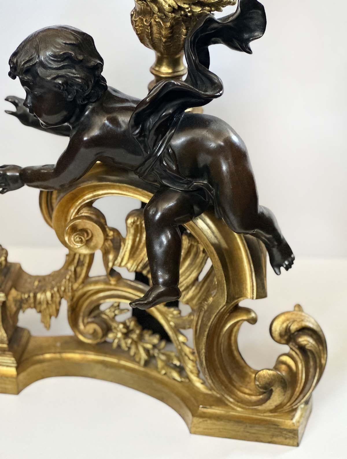 Pair of French 19th Century Bronze Putti Chenets In Good Condition For Sale In Los Angeles, CA