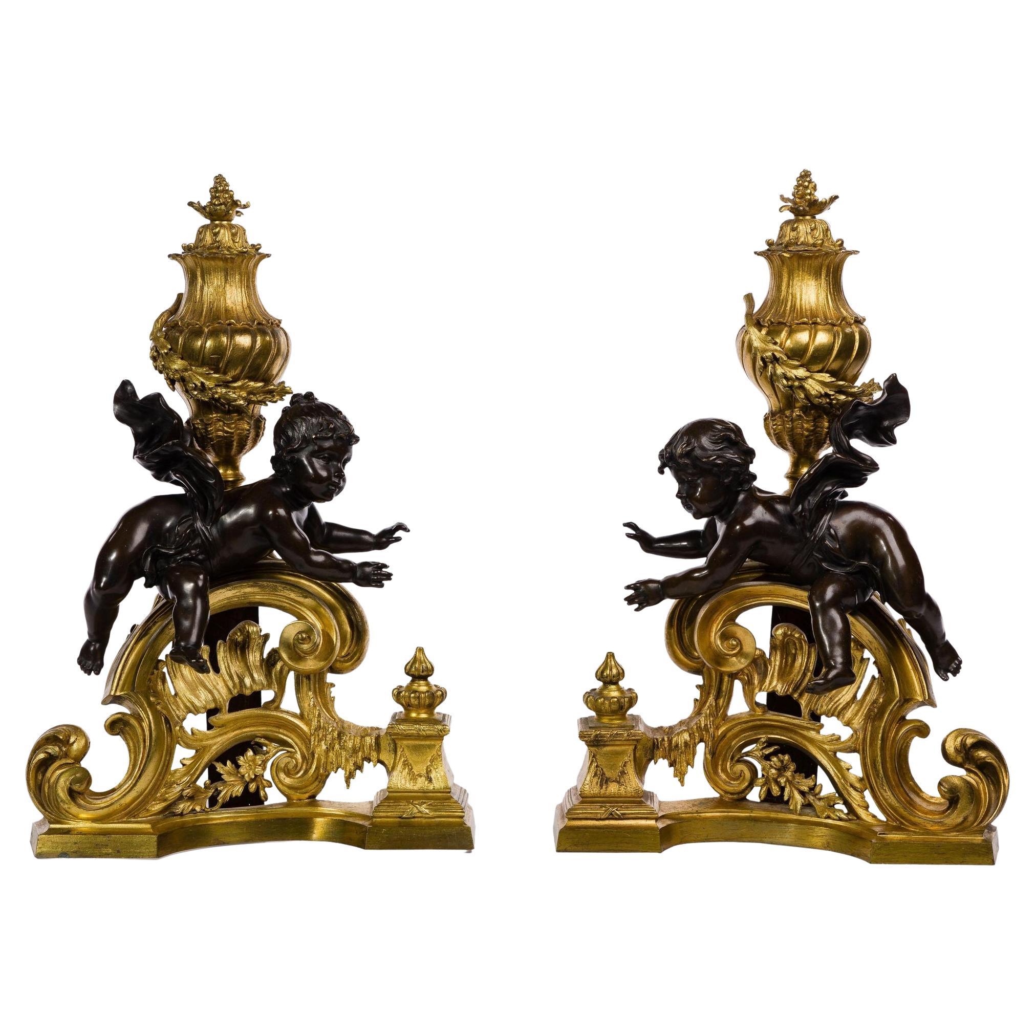 Pair of French 19th Century Bronze Putti Chenets