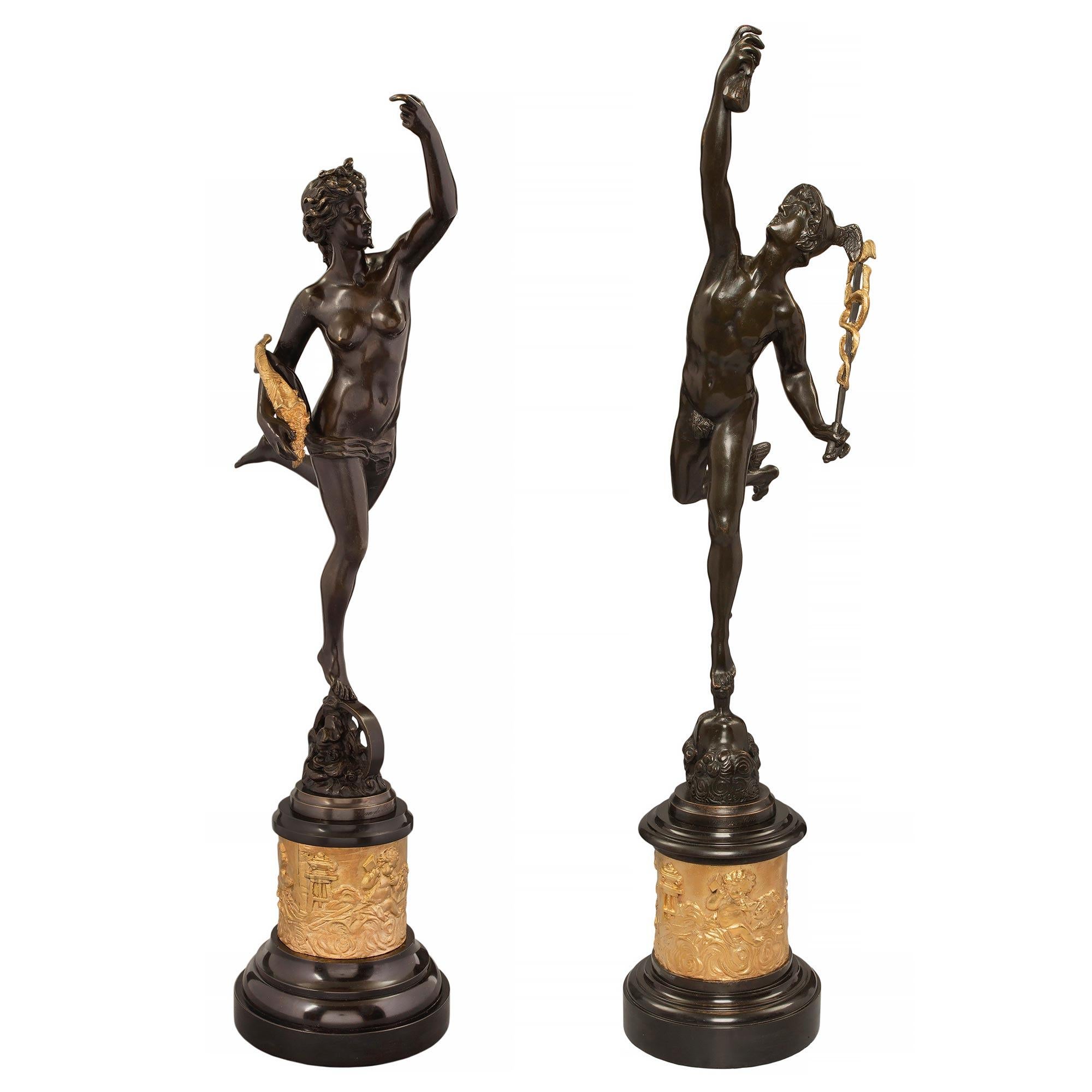 A stunning and high quality true pair of French 19th century Louis XVI st. patinated bronze, ormolu and black Belgian marble statues of Mercury and Fortuna, after a model by Louis Guillaume Fulconis signed Jean de Boulogne and Clodion. Each statue