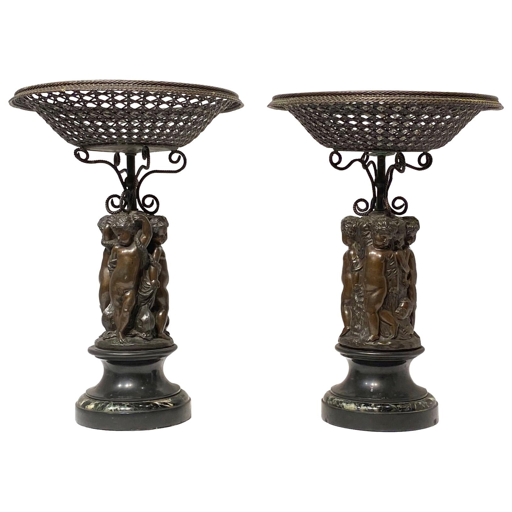 Pair of French 19th Century Bronze Corbeilles Depicting Cupids