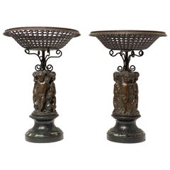 Antique Pair of French 19th Century Bronze Corbeilles Depicting Cupids