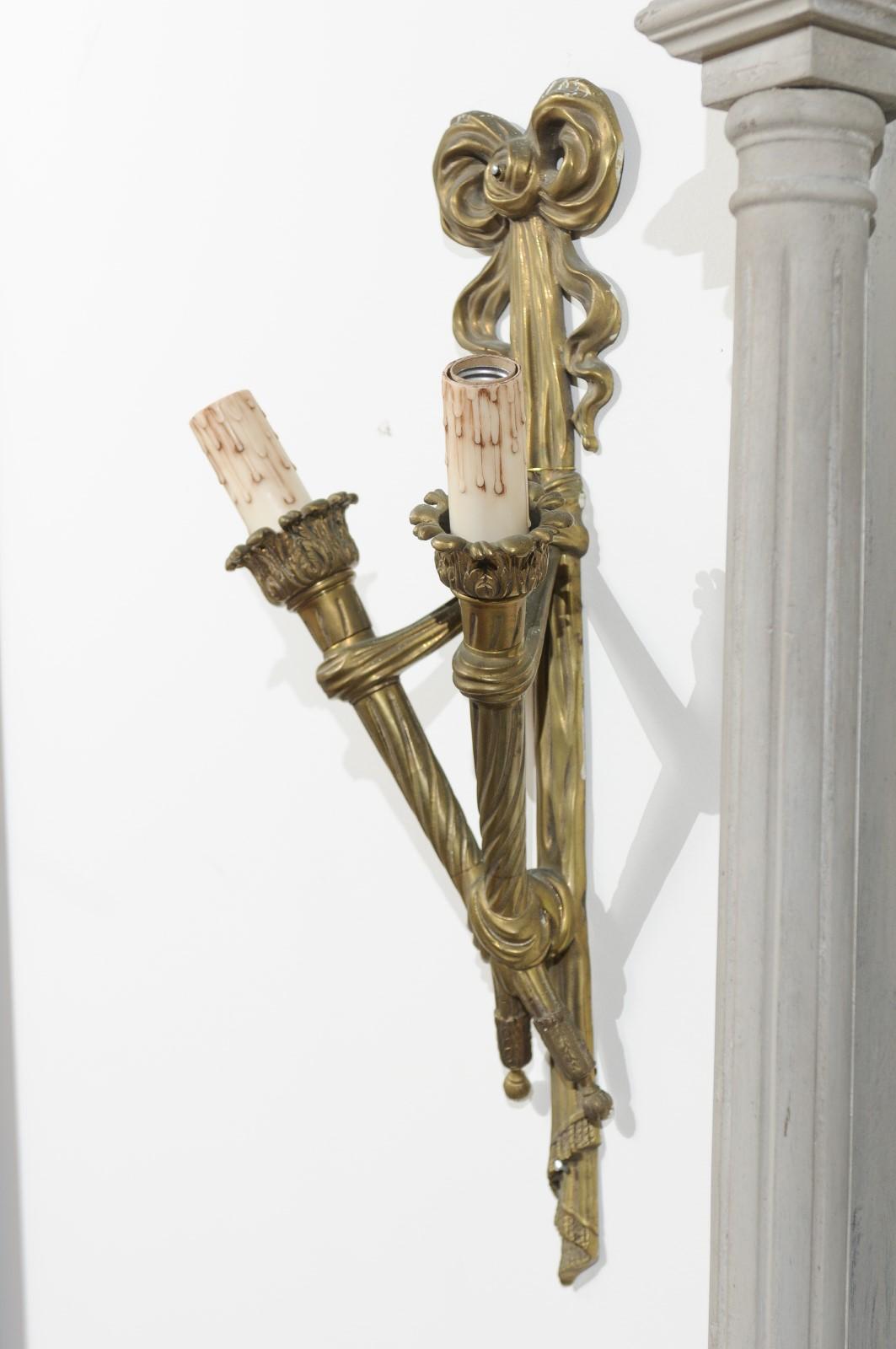 Pair of French 19th Century Bronze Two-Light Ribbon-Tied Wall Sconces, Wired For Sale 7