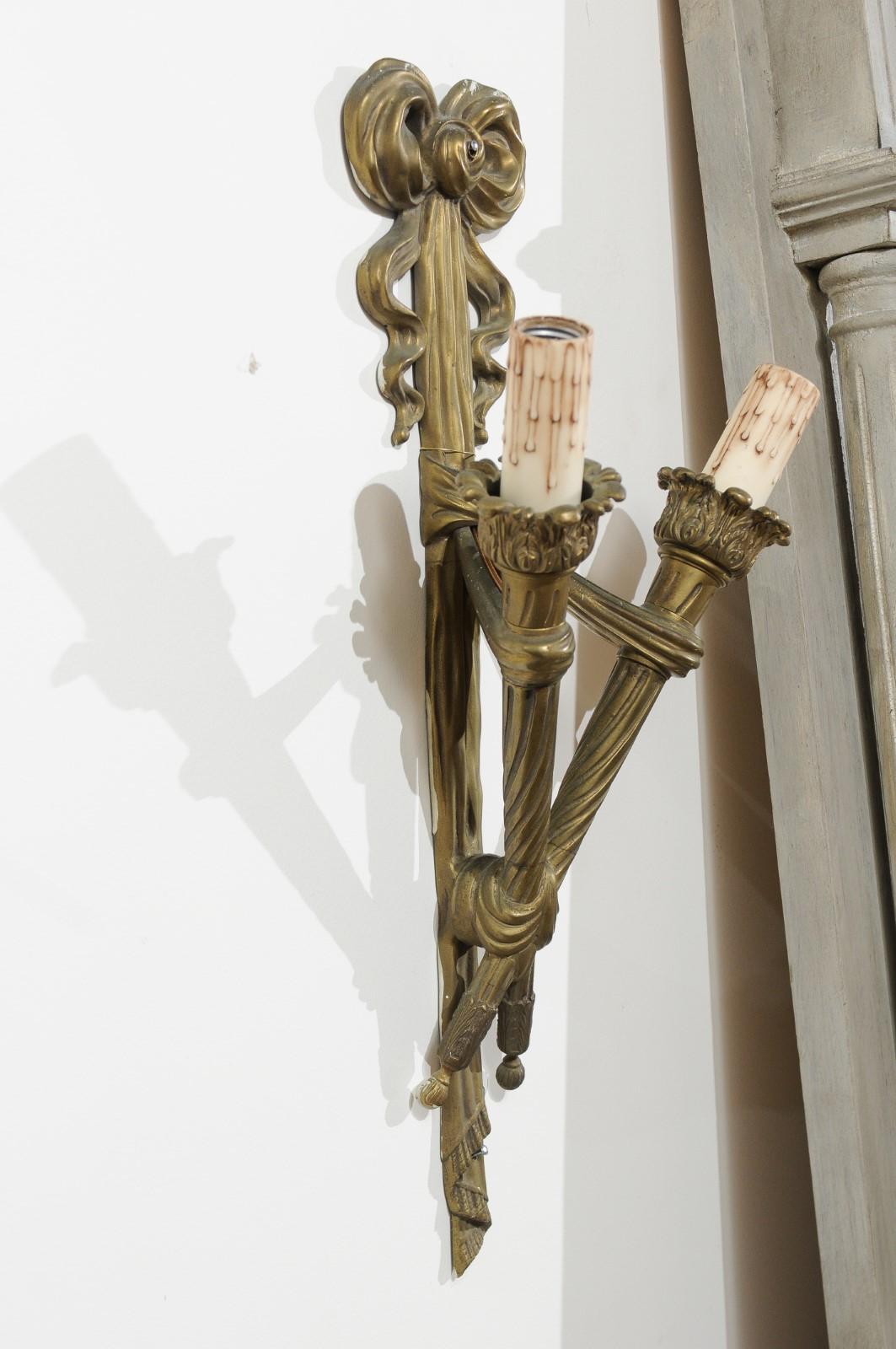 Pair of French 19th Century Bronze Two-Light Ribbon-Tied Wall Sconces, Wired For Sale 8
