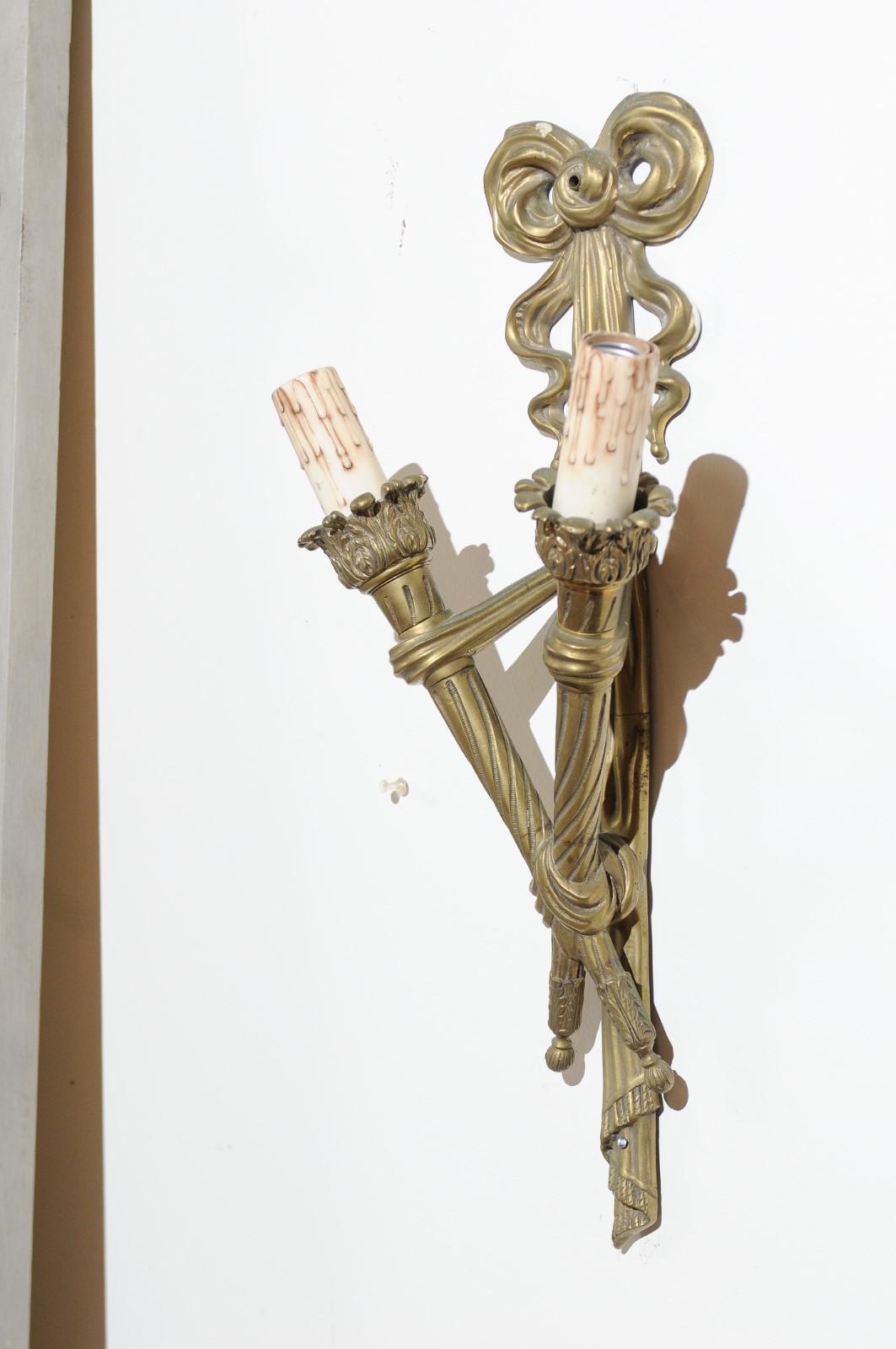 Pair of French 19th Century Bronze Two-Light Ribbon-Tied Wall Sconces, Wired For Sale 9