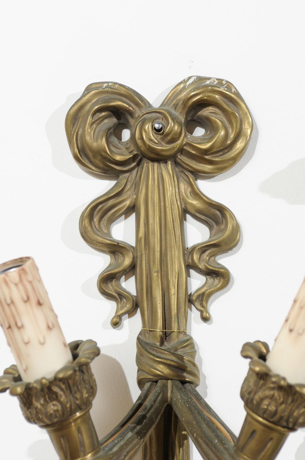 Pair of French 19th Century Bronze Two-Light Ribbon-Tied Wall Sconces, Wired For Sale 1