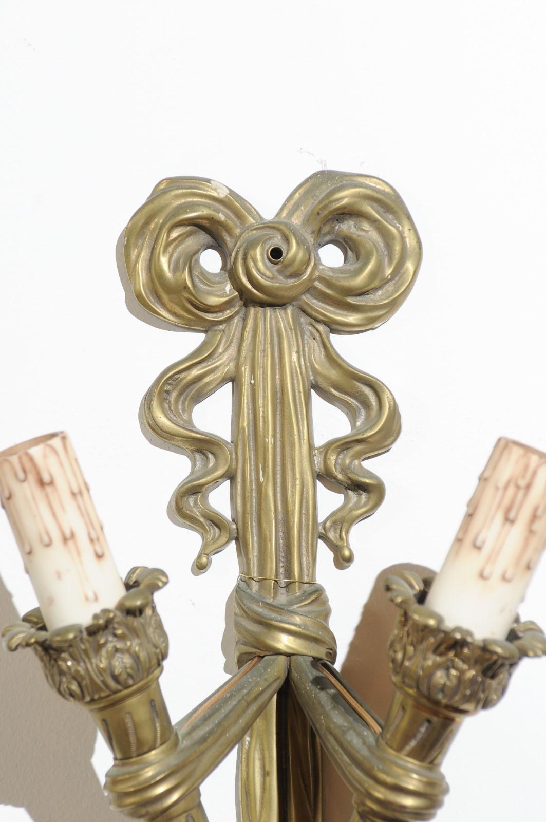 Pair of French 19th Century Bronze Two-Light Ribbon-Tied Wall Sconces, Wired For Sale 4