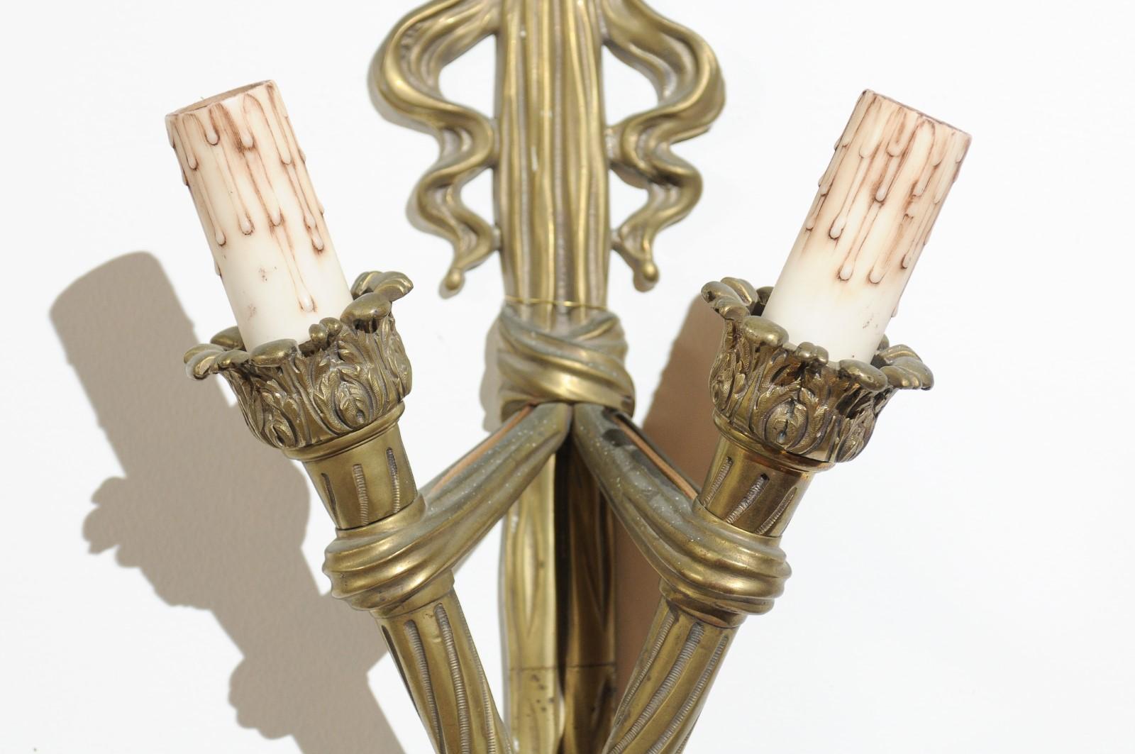 Pair of French 19th Century Bronze Two-Light Ribbon-Tied Wall Sconces, Wired For Sale 5