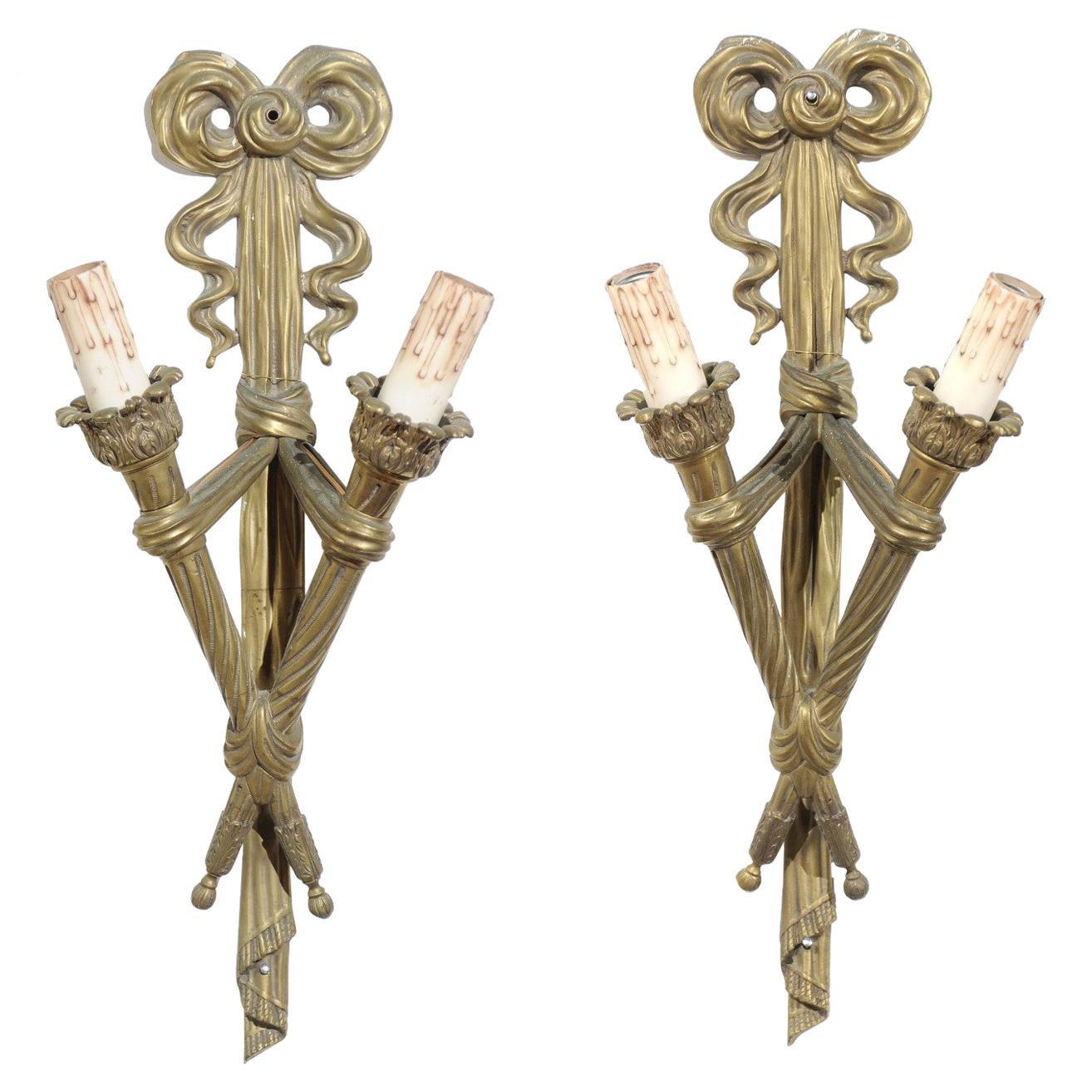 Pair of French 19th Century Bronze Two-Light Ribbon-Tied Wall Sconces, Wired For Sale