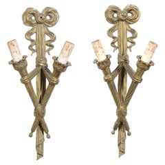 Pair of French 19th Century Bronze Two-Light Ribbon-Tied Wall Sconces, Wired