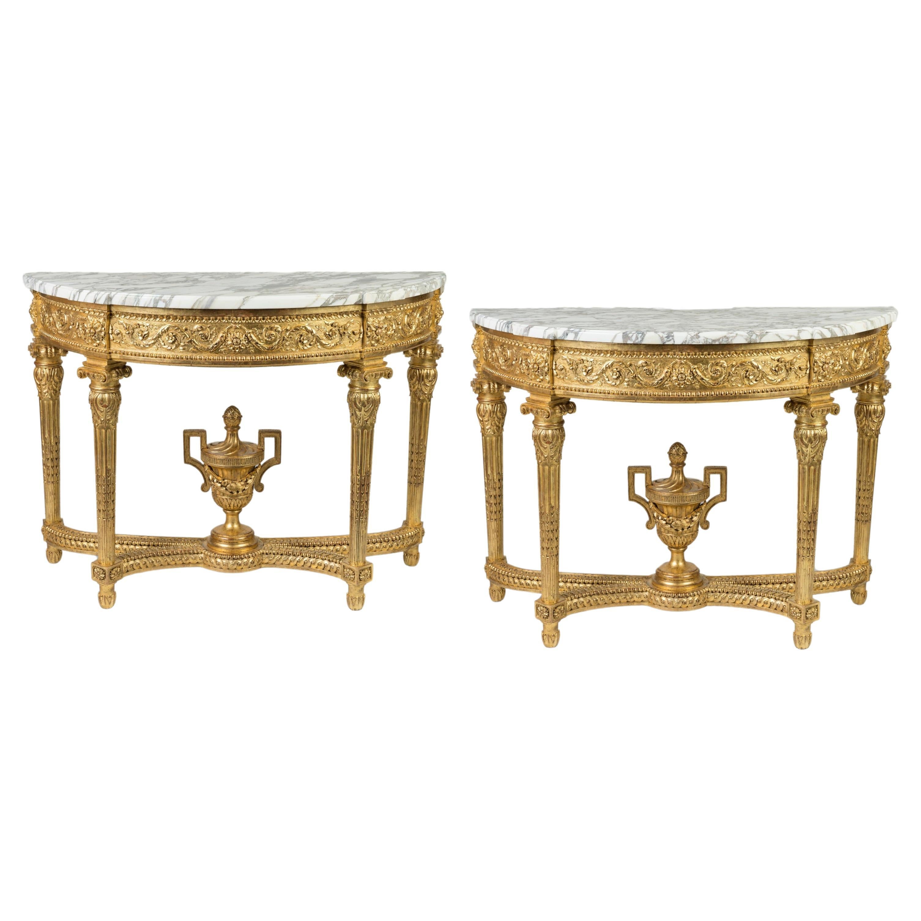 Pair of French 19th Century Calacatta Marble Top Giltwood Carved Console Tables For Sale