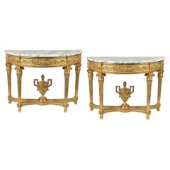 Antique Pair of French 19th Century Calacatta Marble Top Giltwood Carved Console Tables