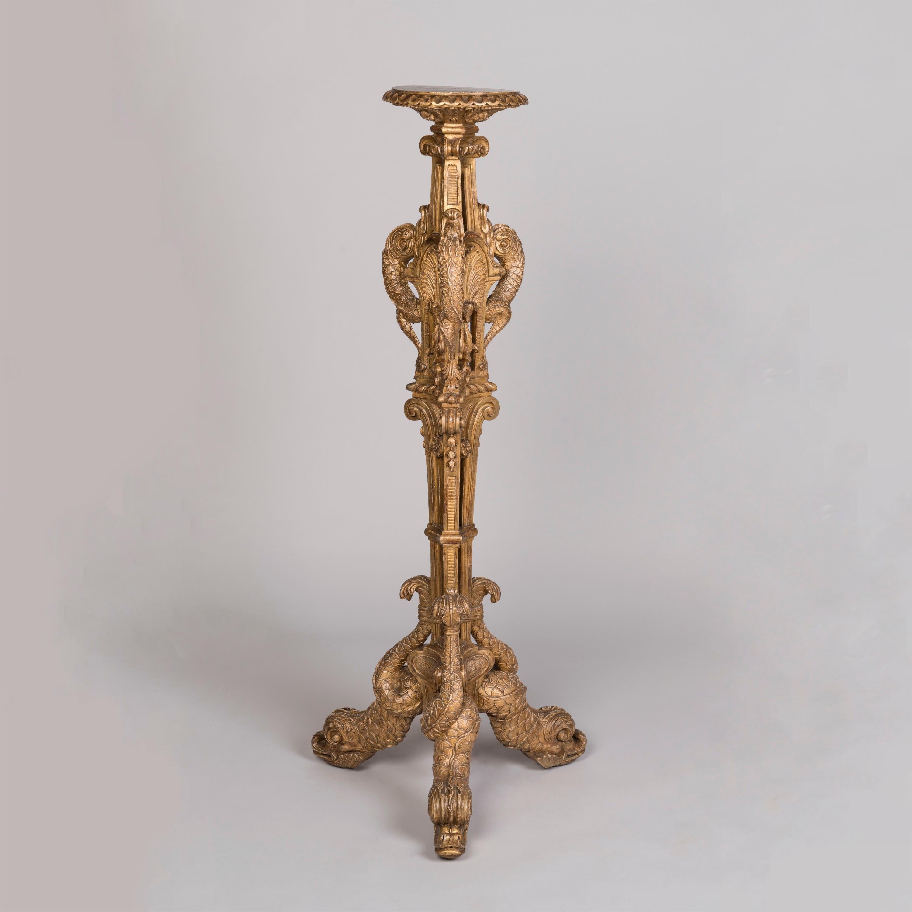 Hand-Carved Pair of French 19th Century Carved Giltwood 'Dolphin' Pedestals For Sale