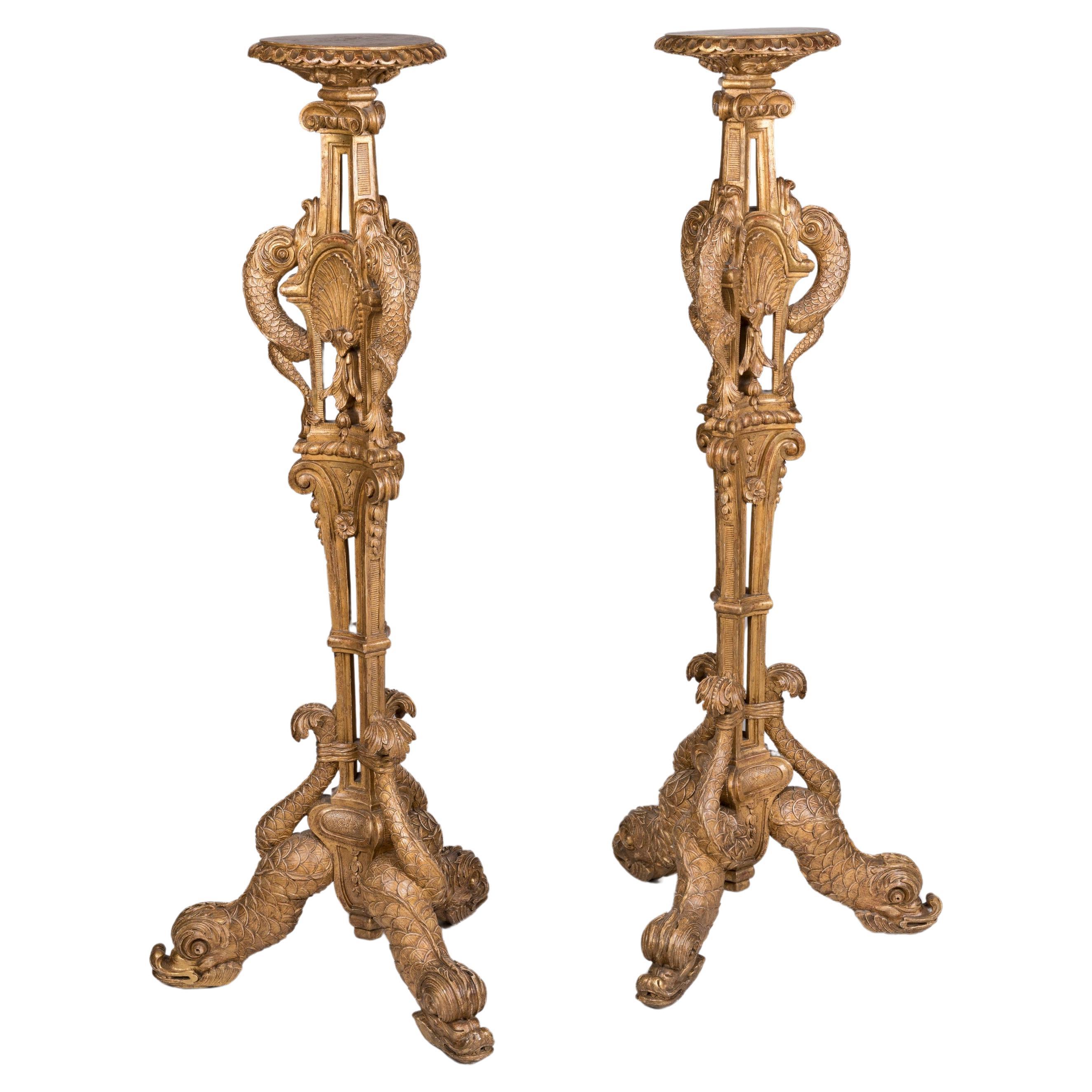 Pair of French 19th Century Carved Giltwood 'Dolphin' Pedestals For Sale