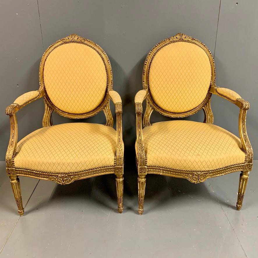 Very good quality pair of 19th century French carved and gilded open armchairs or 