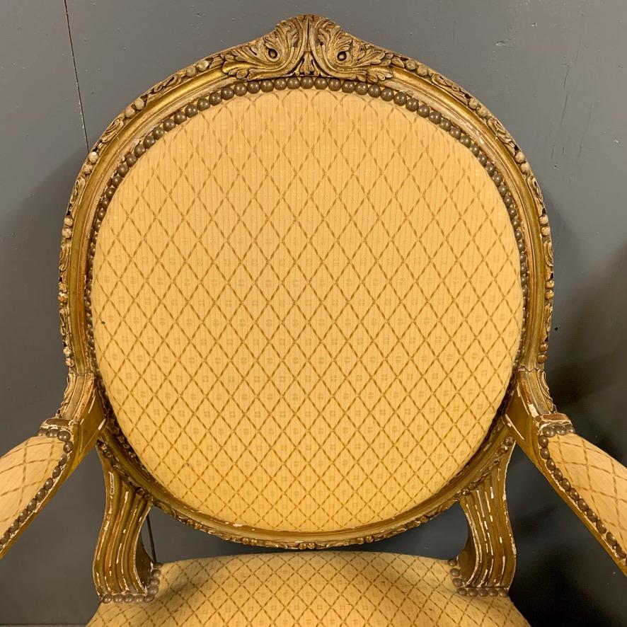 Pair of French 19th Century Carved Giltwood Fauteuil Armchairs For Sale 1