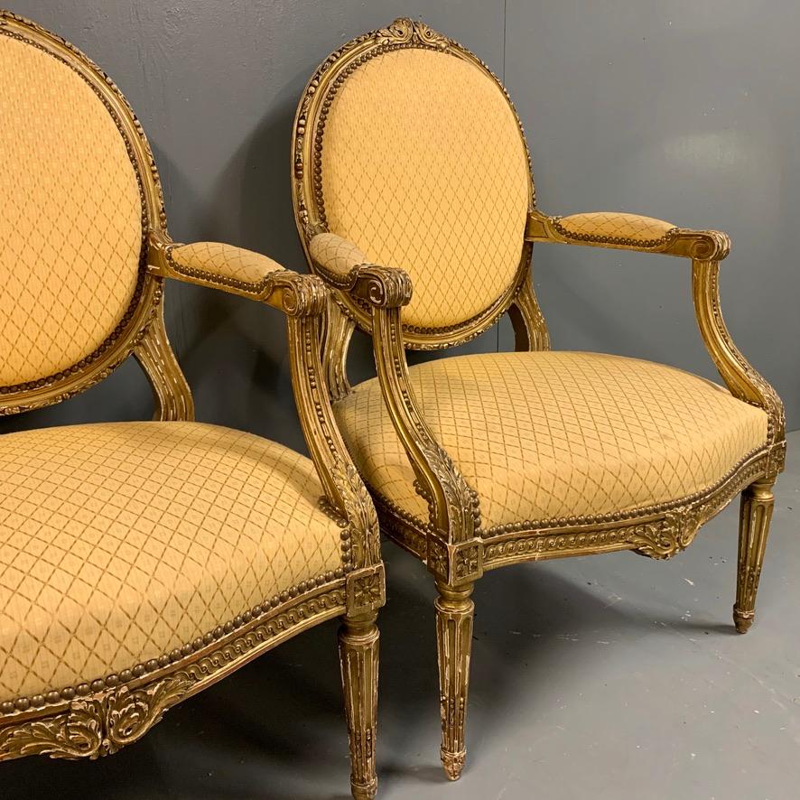 Pair of French 19th Century Carved Giltwood Fauteuil Armchairs For Sale 2
