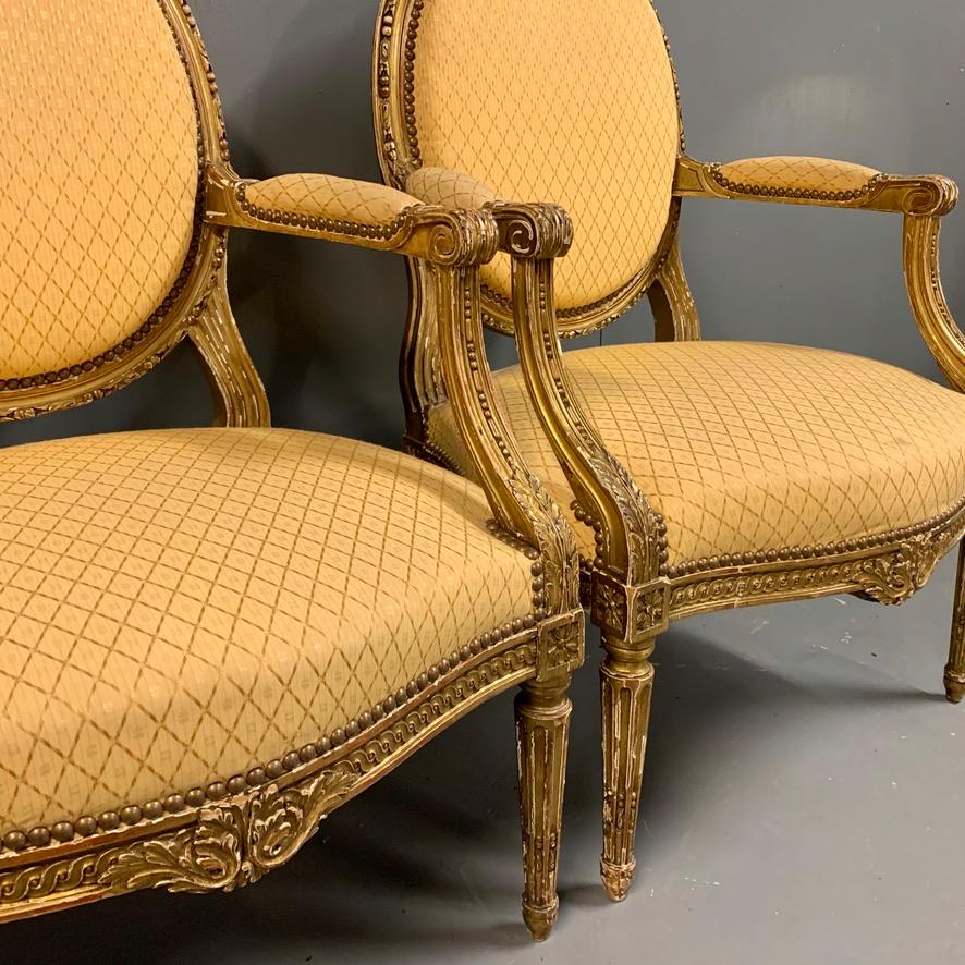 Pair of French 19th Century Carved Giltwood Fauteuil Armchairs For Sale 3