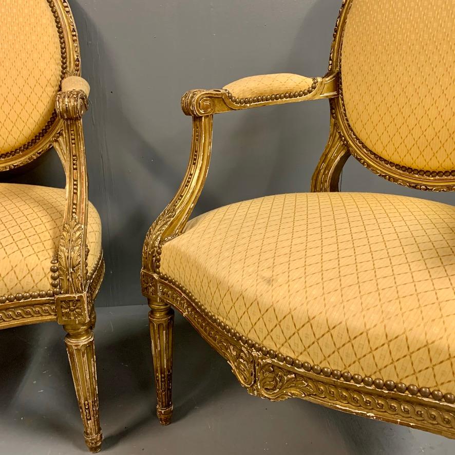 Pair of French 19th Century Carved Giltwood Fauteuil Armchairs For Sale 4
