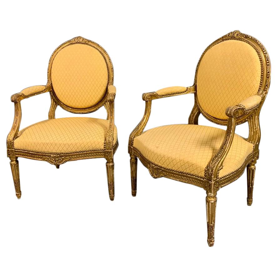 Pair of French 19th Century Carved Giltwood Fauteuil Armchairs For Sale