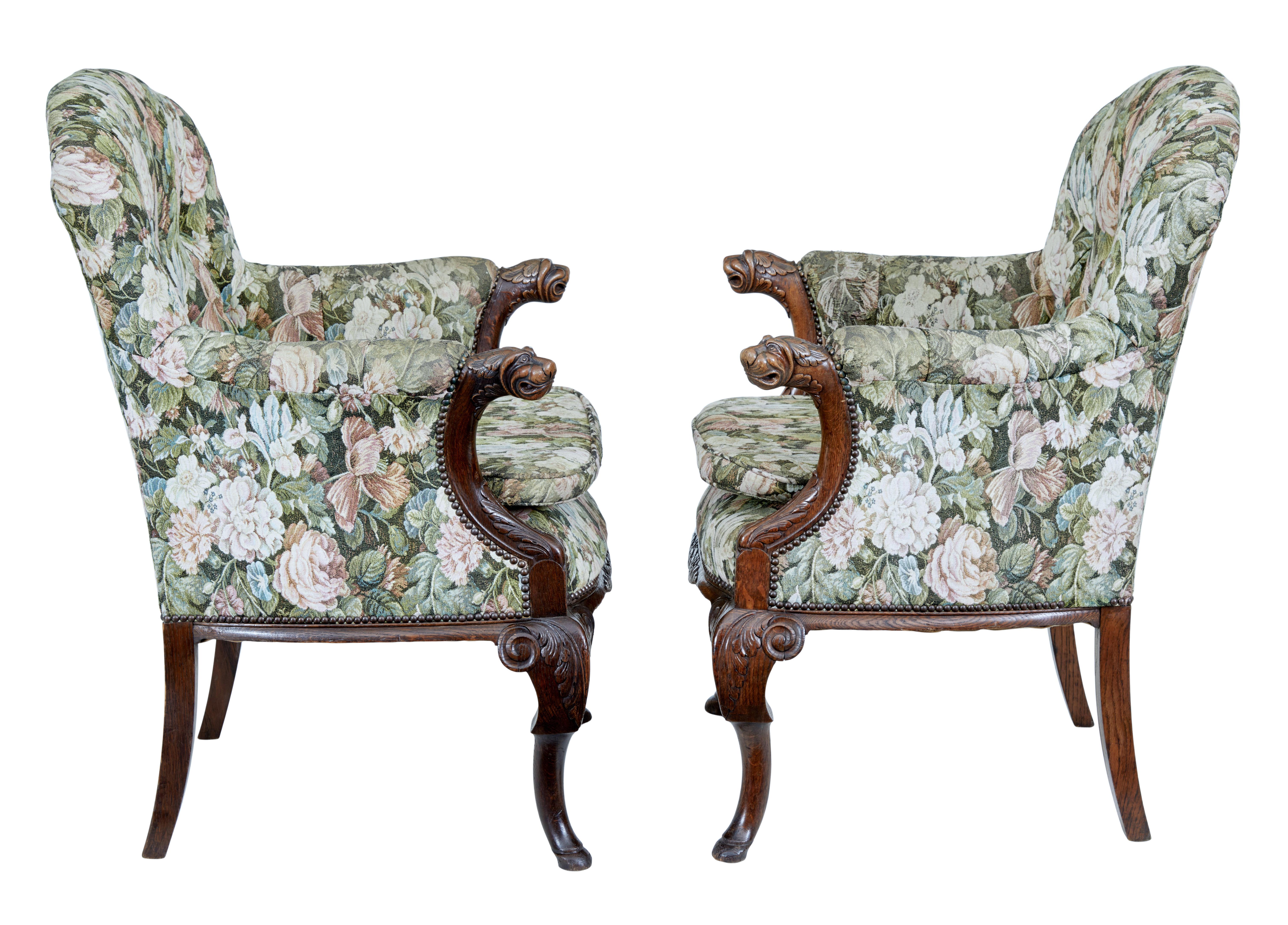 Pair of French 19th century carved oak armchairs In Good Condition In Debenham, Suffolk