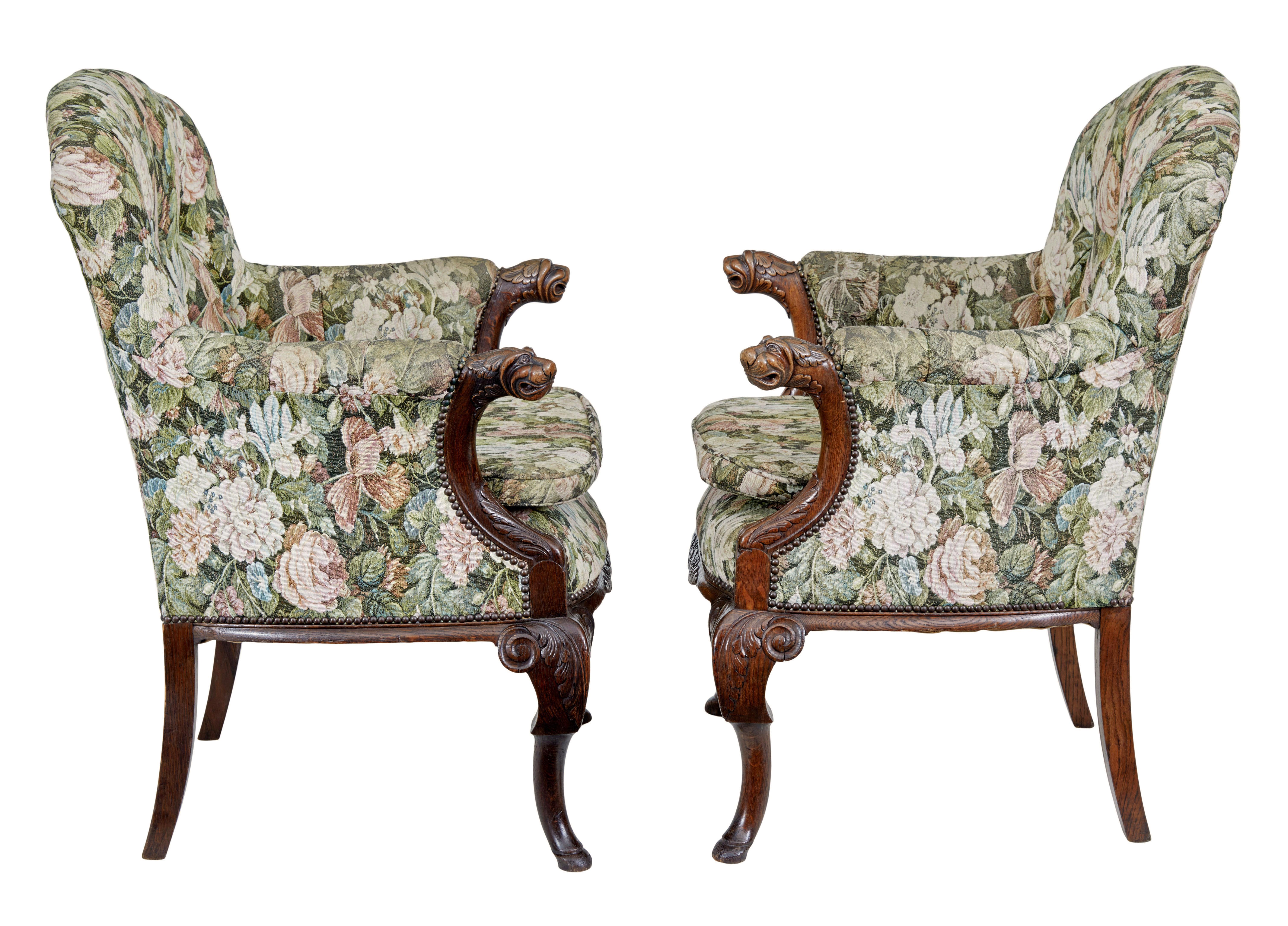 Pair of French 19th century carved oak armchairs In Good Condition For Sale In Debenham, Suffolk