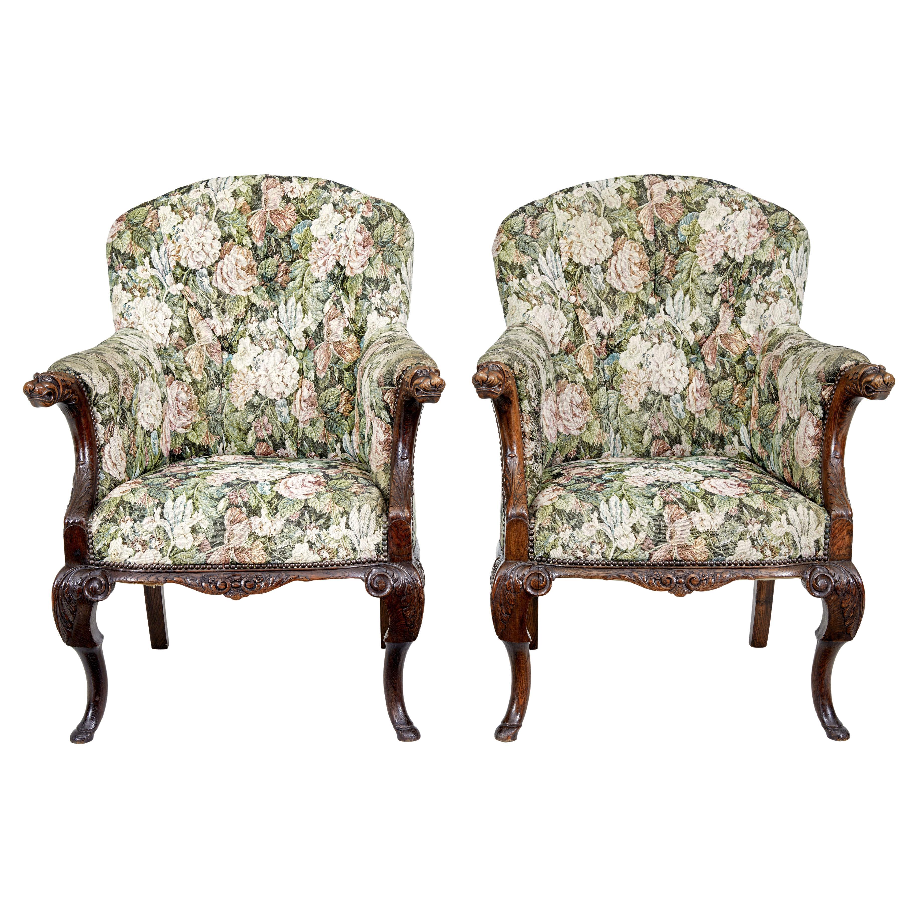 Pair of French 19th century carved oak armchairs For Sale