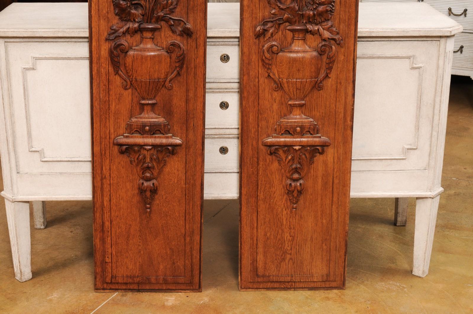 Pair of French 19th Century Carved Oak Vertical Panels with Bouquets in Vases For Sale 2