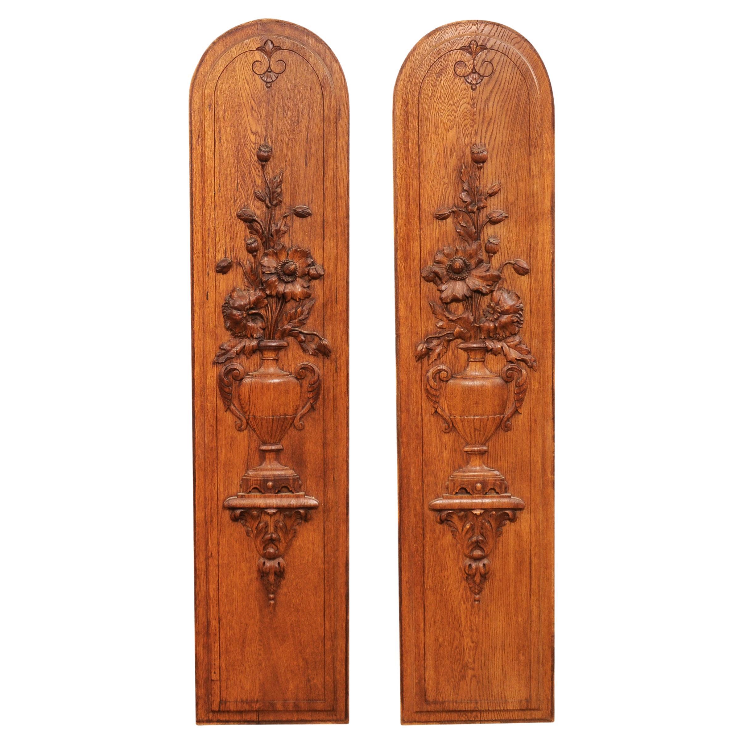 Pair of French 19th Century Carved Oak Vertical Panels with Bouquets in Vases For Sale