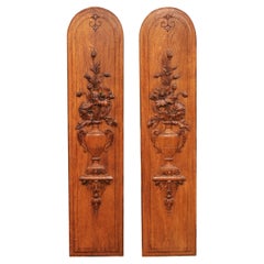 Antique Pair of French 19th Century Carved Oak Vertical Panels with Bouquets in Vases