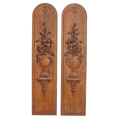 Pair of French 19th Century Carved Oak Vertical Panels with Bouquets in Vases
