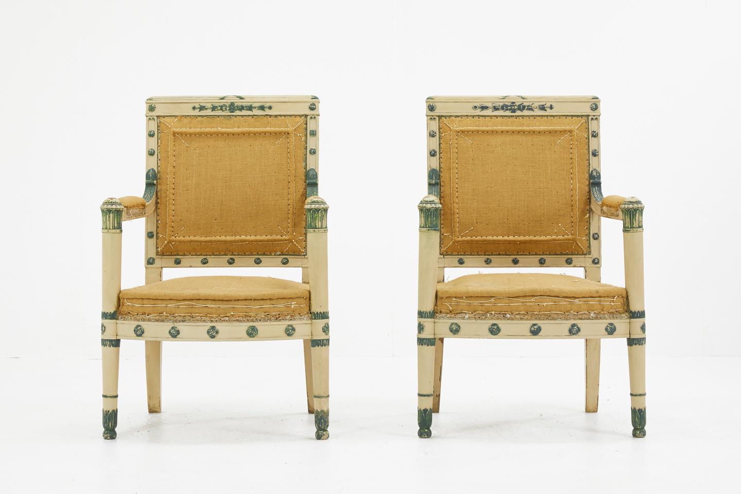 Pair of early 19th Century French painted chairs with carved decoration. Circa 1810.

Sofa also available. Item No. 1433

They have been upholstered using high quality natural burlap fabric.
Can be left and used as they are but they are also