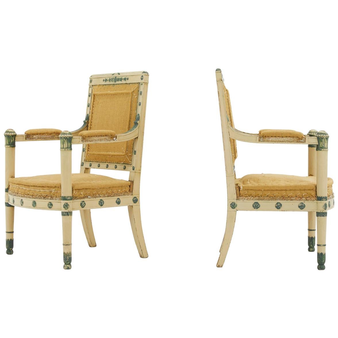 Pair of French 19th Century Carved Wood Painted Chairs For Sale