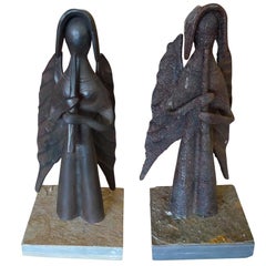 Pair of French 19th Century Cast Iron and Stone Candlesticks