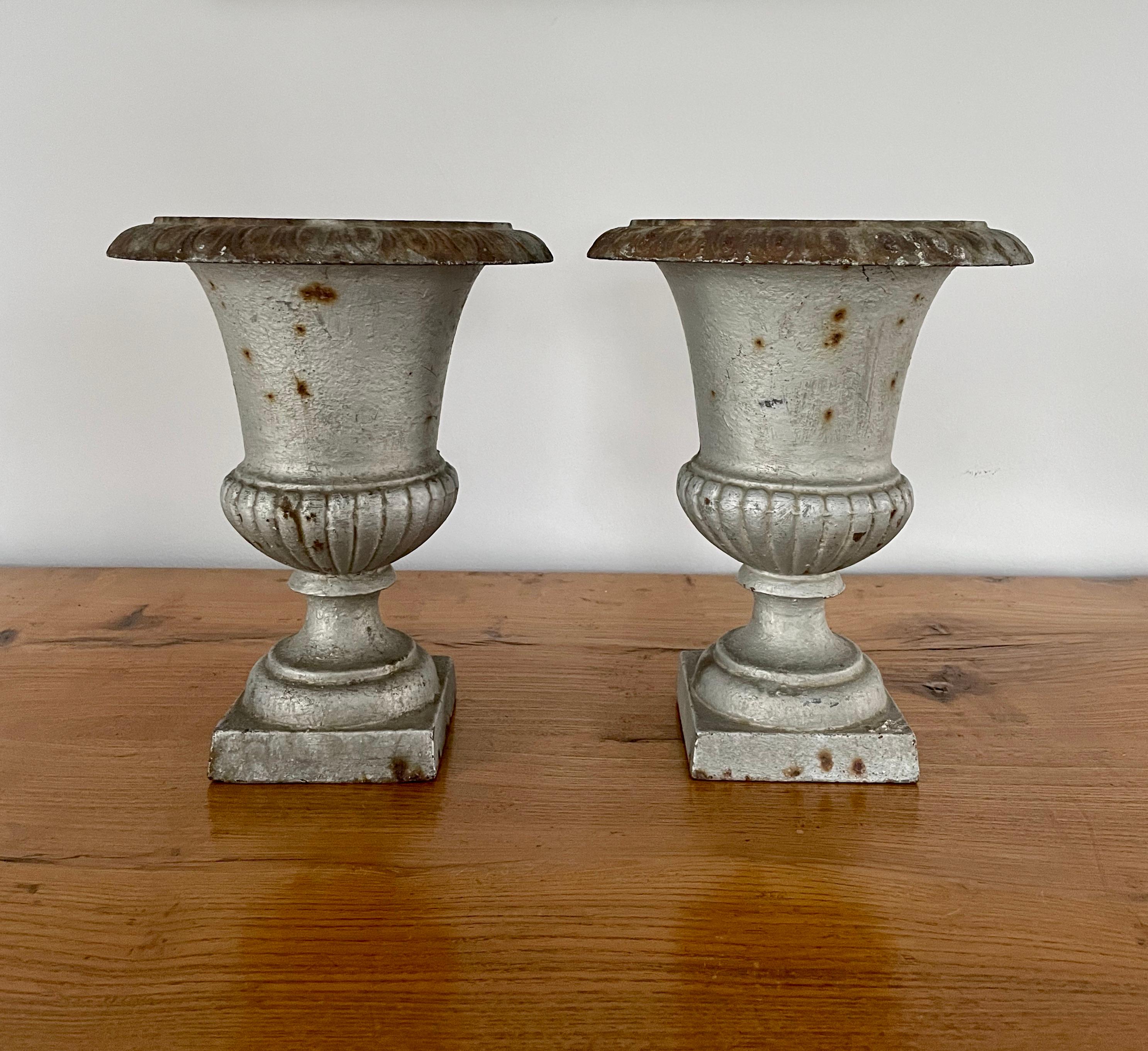 These classic cast iron campana urns are in their original aluminum paint with traces of surface rust and are in perfect condition. Elegant in form, they would make a lovely addition to your dining table tableau either with small pots of lavender or