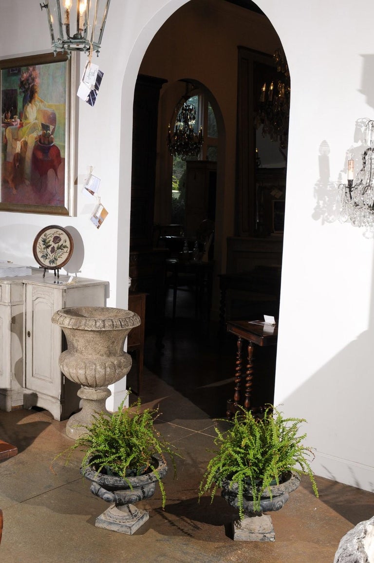 Pair of French 19th Century Cast Iron Garden Urns with Foliage and