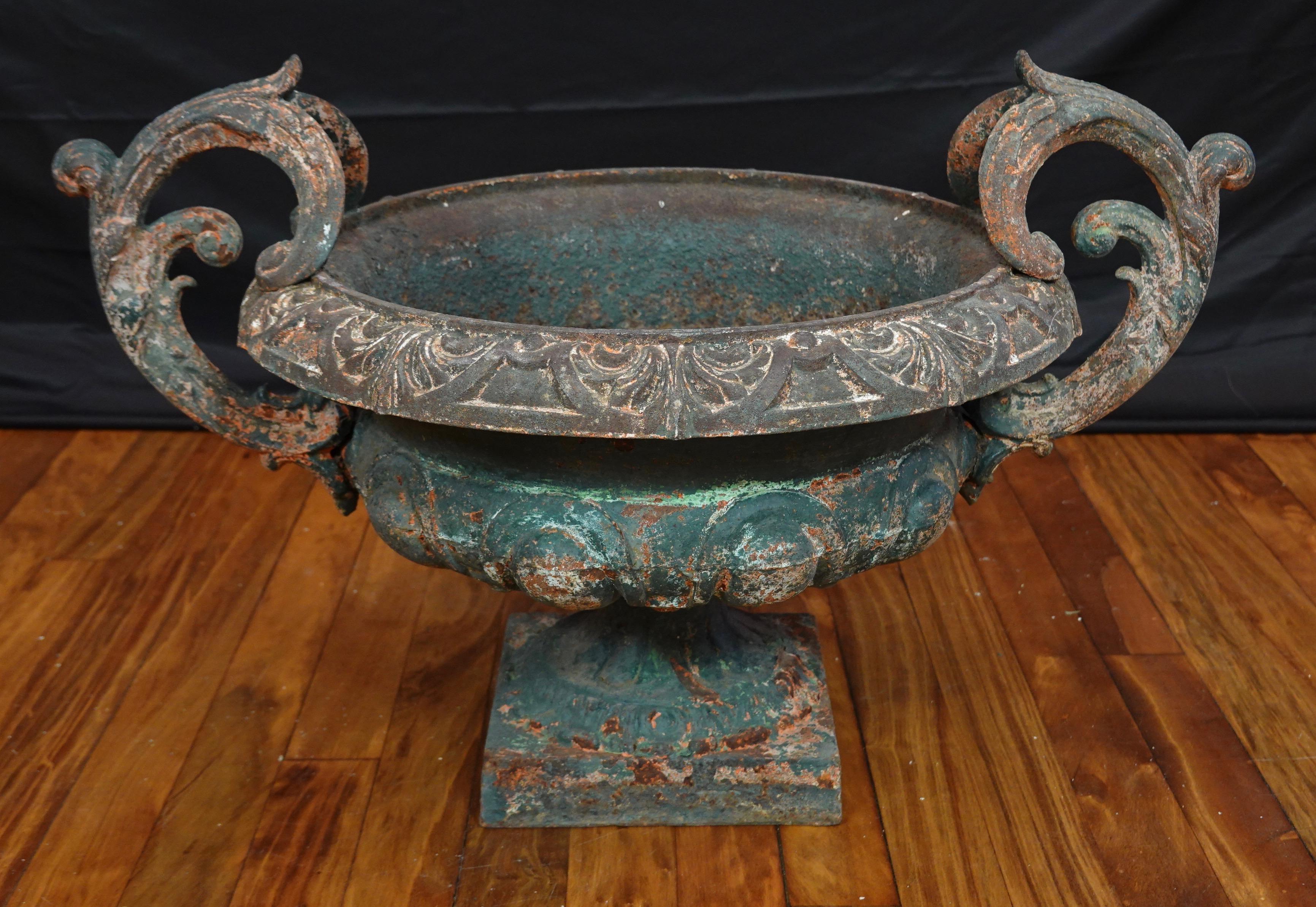 Pair of French 19th Century Cast Iron Garden Urns with Handles 4