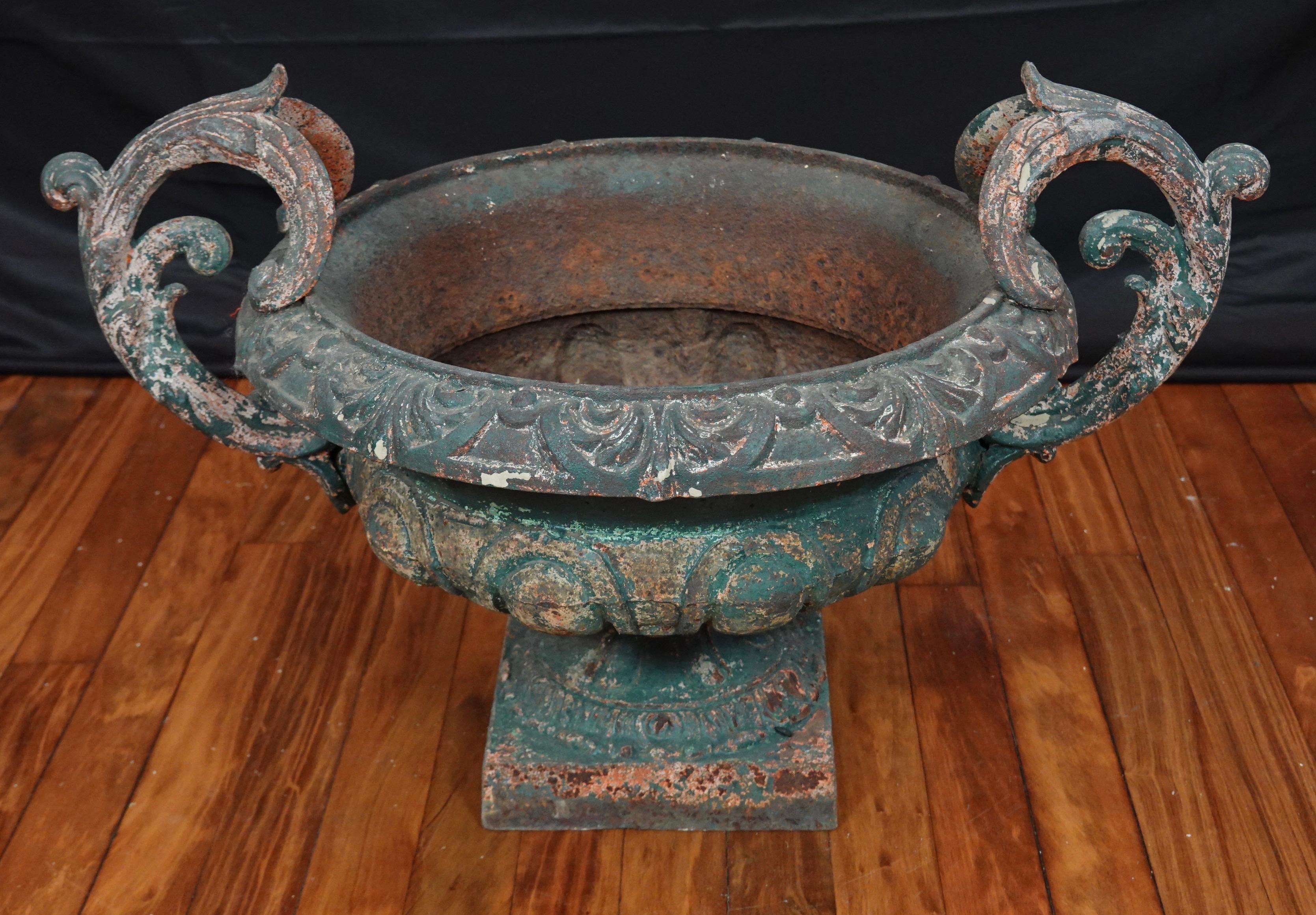 Pair of French 19th Century Cast Iron Garden Urns with Handles 5